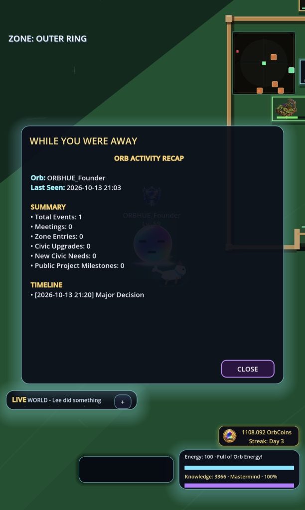 Orbhue’s While You Were Away panel showing an activity recap and timeline over the Outer Ring map.