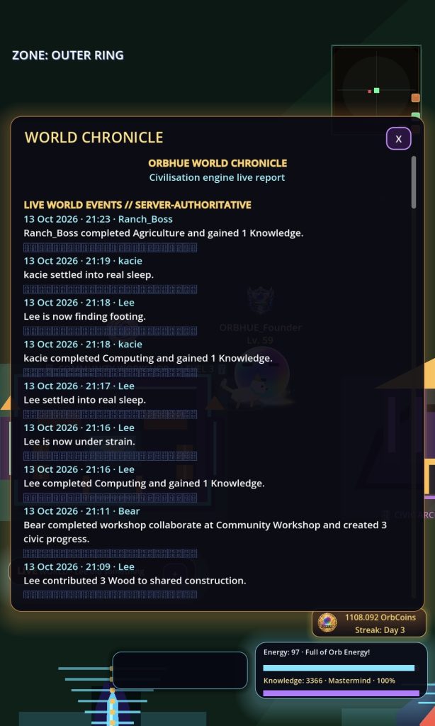 World Chronicle in Orbhue listing live world events including knowledge gains and a workshop contribution.