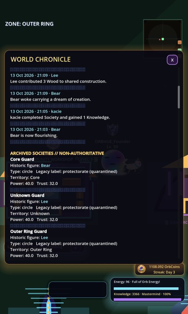 Orbhue World Chronicle showing recent character events above an explicitly labelled archived societies section.