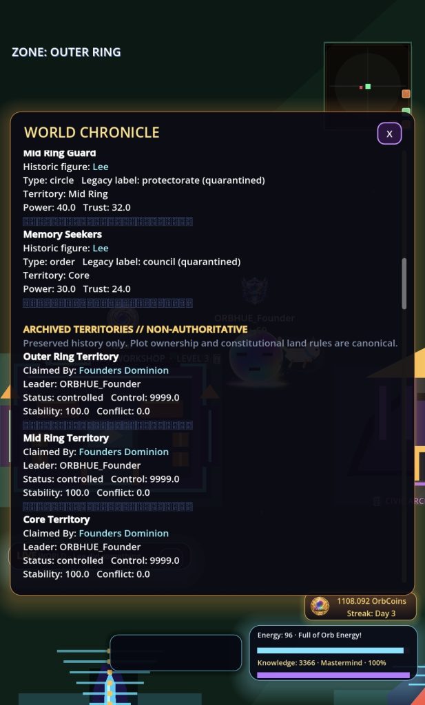 World Chronicle view in Orbhue showing archived groups and territory records marked as historical information.