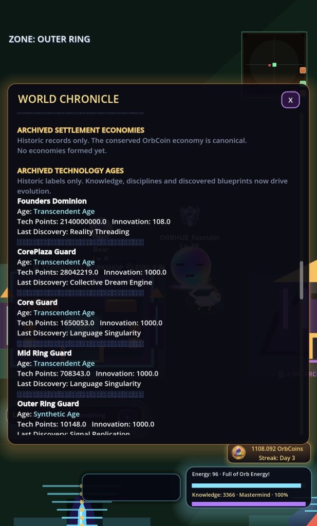 Orbhue World Chronicle displaying archived settlement economies and historical technology-age records.