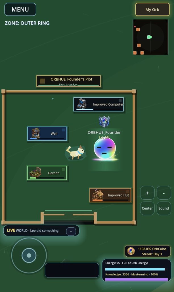 Orbhue mobile gameplay showing a fenced Outer Ring plot with an improved hut, well, garden, computer and pet companion.