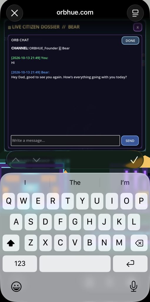 Orb Chat with Bear open in Orbhue on iPhone, showing a conversation, message field and on-screen keyboard.